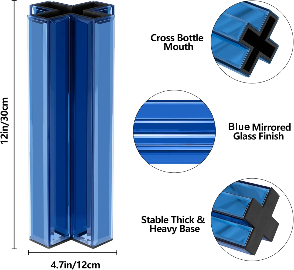 Blue 12 Inch Tall Cross-Shaped Decorative Glass Flower Vases for Home Decor