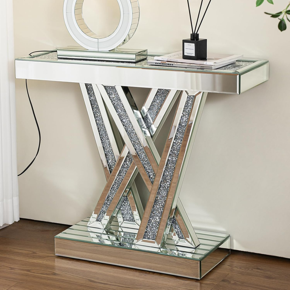 Modern Console Table Mirrored Finished, Glam Style W Silver Entryway Table Inlay with Sparkly Crushed Crystals, 35 inches Contemporary Accent Table