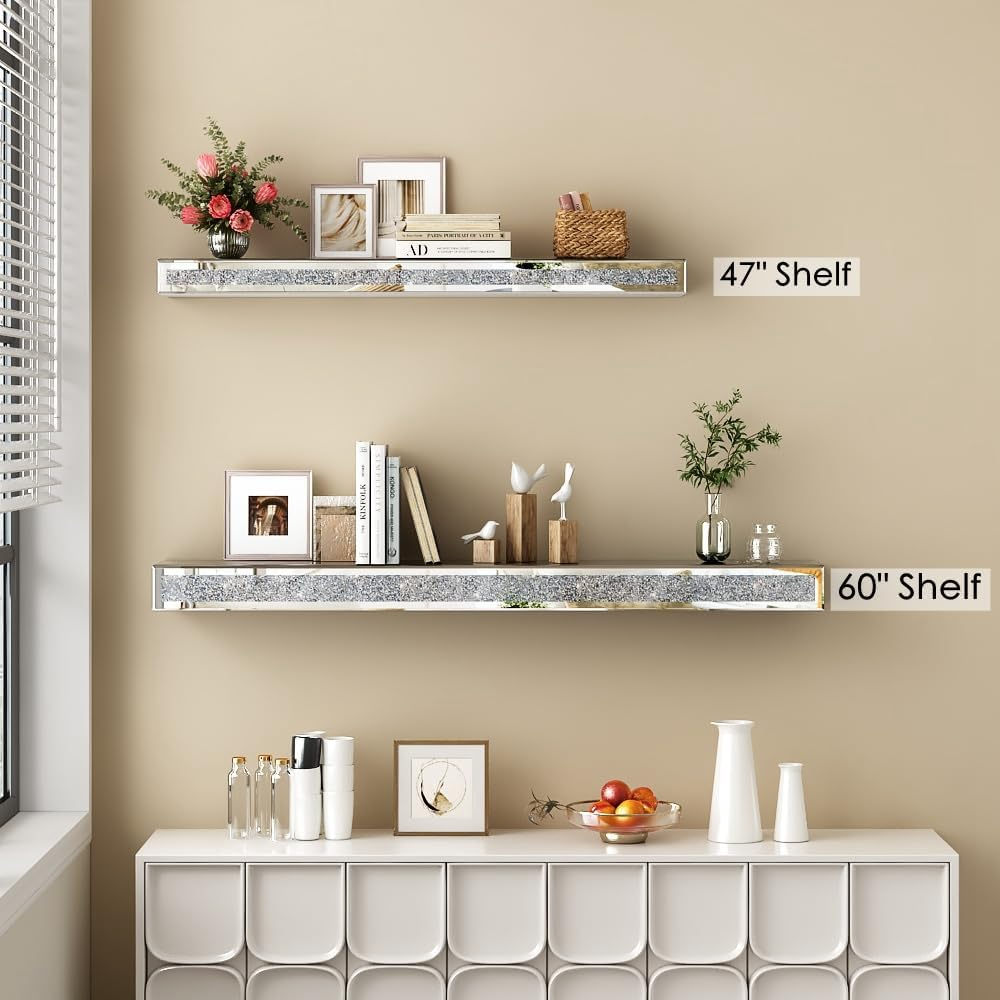 Fireplace Mantel, 48 Inch Mirrored Floating Shelf with Crystal Crushed Diamond Inlay / SF-TS132