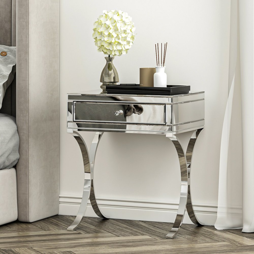 SHYFOY Mirrored Bedside Table with Stainless Steel | Silver Single Drawer Mirrored Night Table | Glass Mirror Nightstand