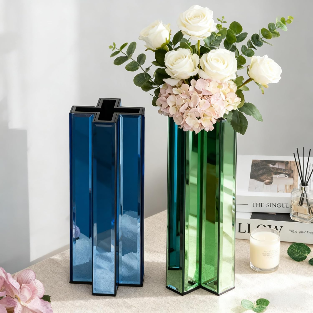 Blue 12 Inch Tall Cross-Shaped Decorative Glass Flower Vases for Home Decor
