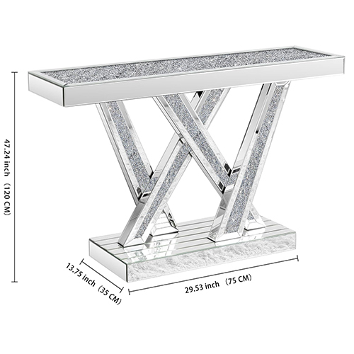 Modern Console Table Mirrored Finished, Glam Style W Silver Entryway Table Inlay with Sparkly Crushed Crystals, 35 inches Contemporary Accent Table