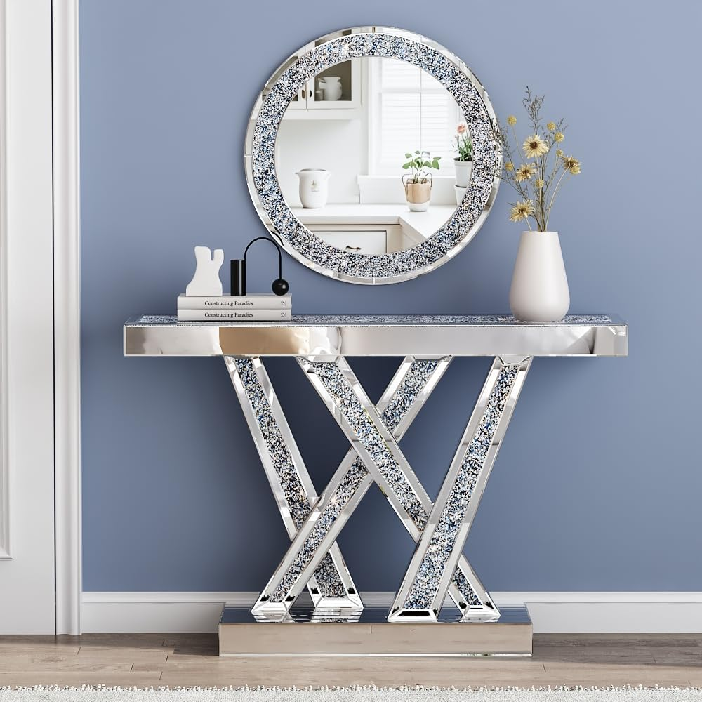Modern Console Table Mirrored Finished, Glam Style W Silver Entryway Table Inlay with Sparkly Crushed Crystals, 35 inches Contemporary Accent Table