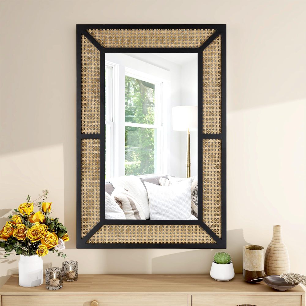Rattan Mirror for Wall Decor Bohemian Rectangular Large Mirror, Boho Wall Mirror, Woven Wicker Hanging Mirror, 22x35 inches, Black