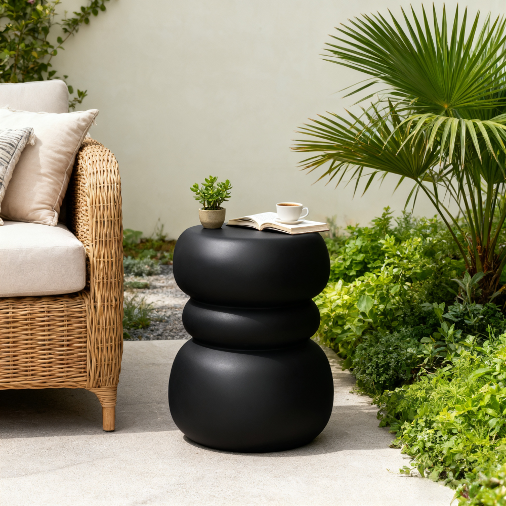 Black Round Stone Side Table End Table