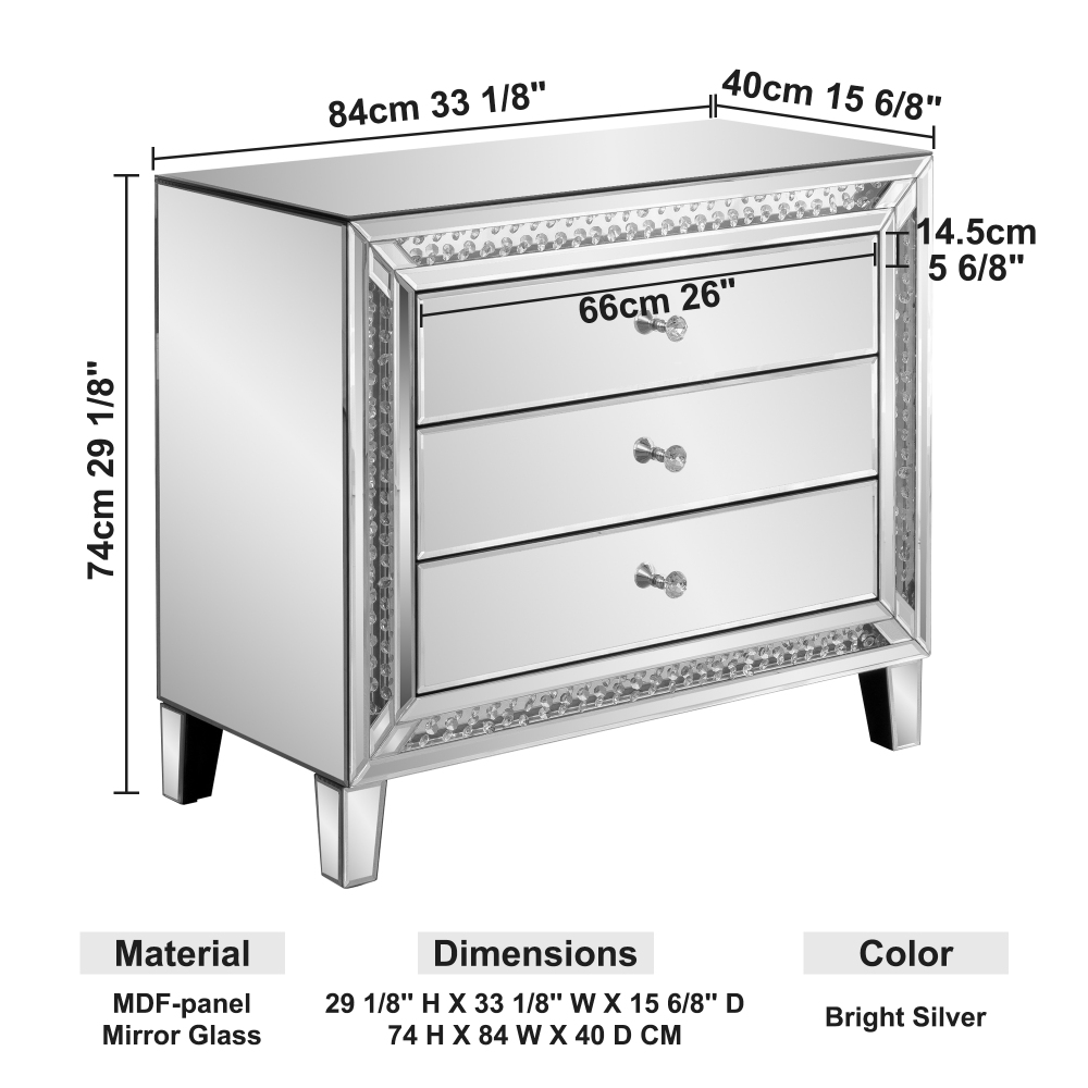 33" Large Mirrored Glass Nightstand Bedroom Crystal Decor