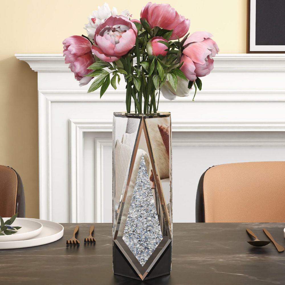 Crushed Diamond Mirror Vase Flower Vase, Silver Crystal Decorative Vase Glass Stunning Mirrored Vase Flower Luxury for Home Decor