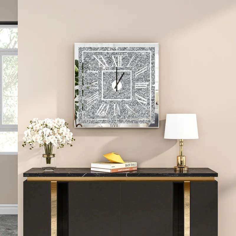 20 Inch Crystal Wall Clock - Modern Square Decorative Clock with Roman Numerals, Silent Non-Ticking