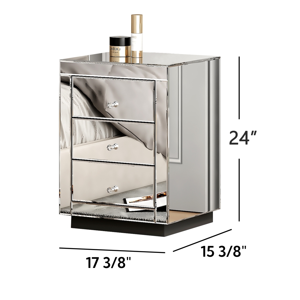 Mirrored Nightstand Modern Bedside Table with 3 Drawers Crystal Handle Glass End Table Easy to Clean