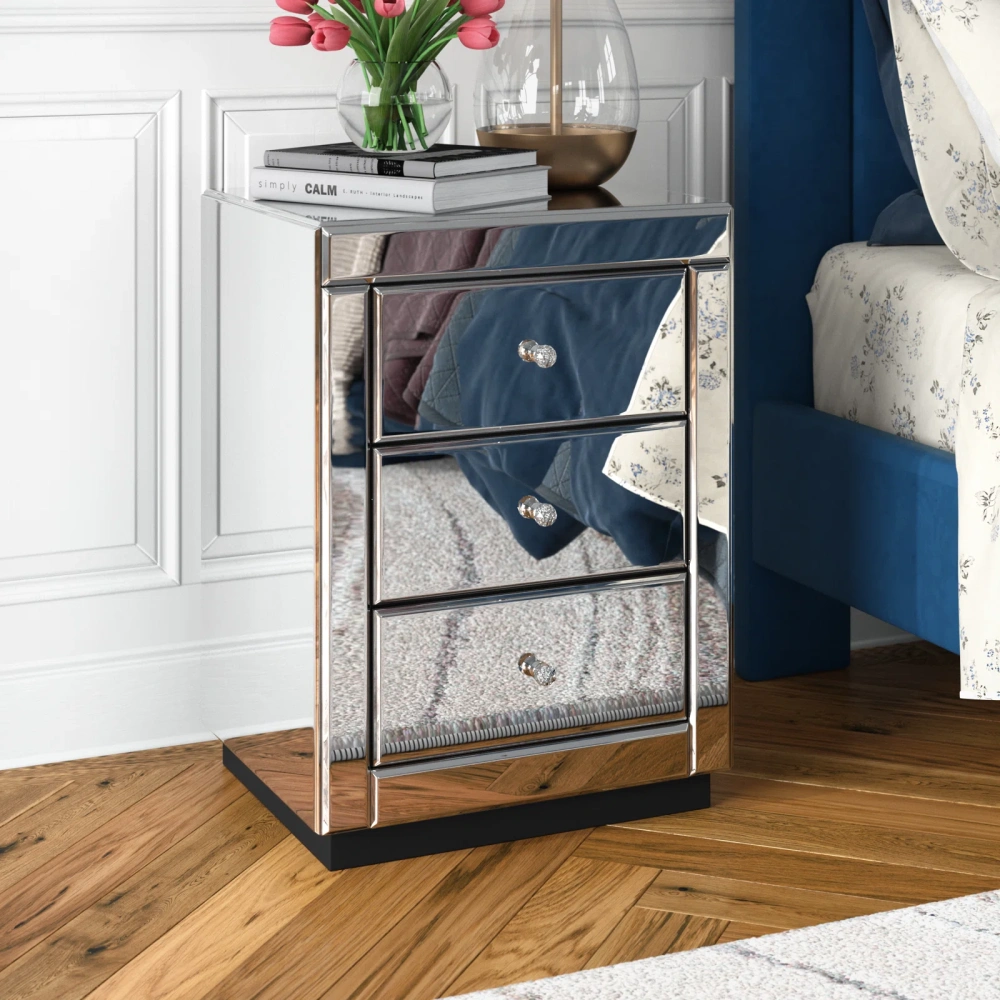 Mirrored Nightstand Modern Bedside Table with 3 Drawers Crystal Handle Glass End Table Easy to Clean