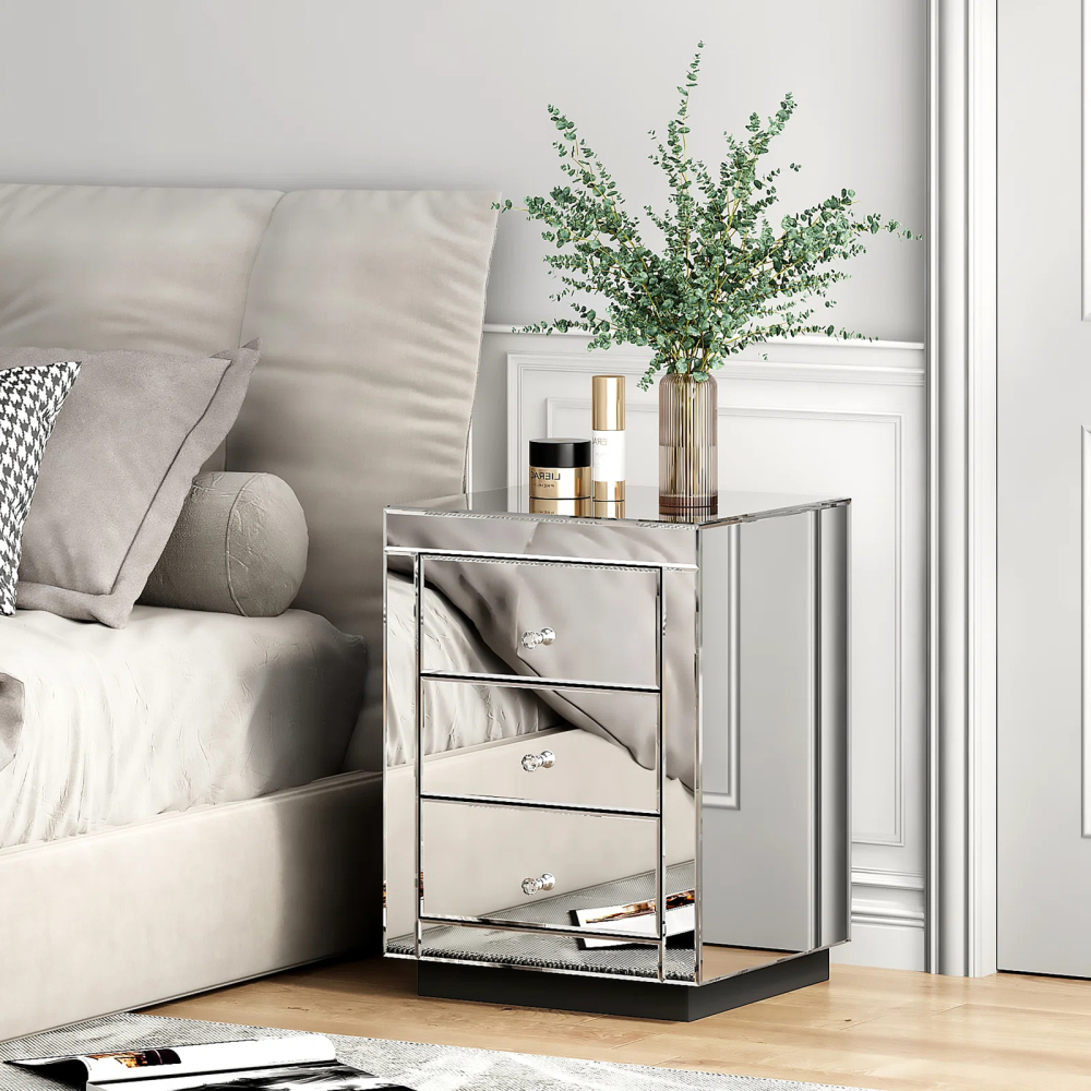 Mirrored Nightstand Modern Bedside Table with 3 Drawers Crystal Handle Glass End Table Easy to Clean