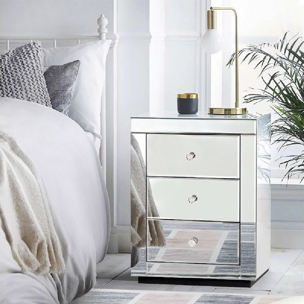 Mirrored Nightstand Modern Bedside Table with 3 Drawers Crystal Handle Glass End Table Easy to Clean