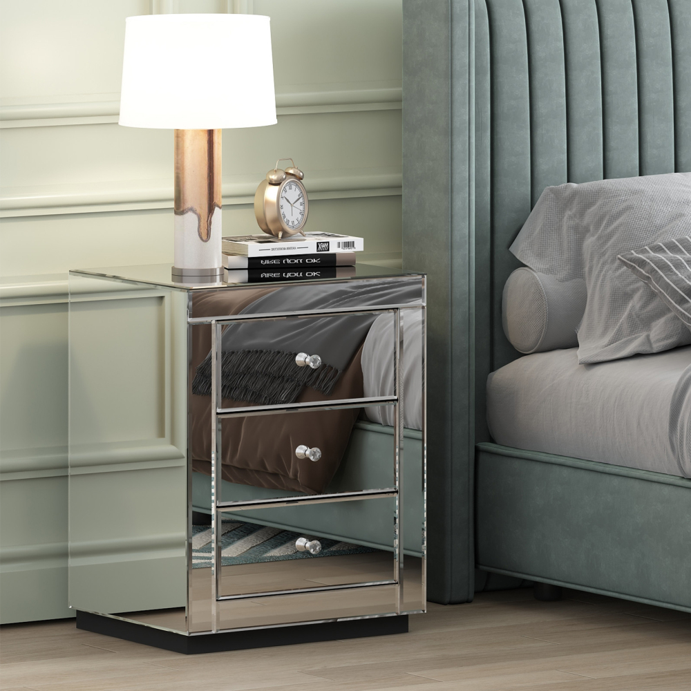 Mirrored Nightstand Modern Bedside Table with 3 Drawers Crystal Handle Glass End Table Easy to Clean
