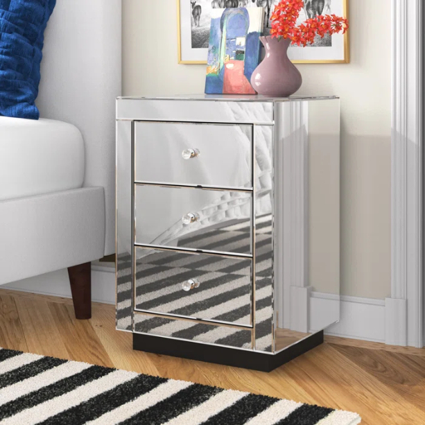 Mirrored Nightstand Modern Bedside Table with 3 Drawers Crystal Handle Glass End Table Easy to Clean
