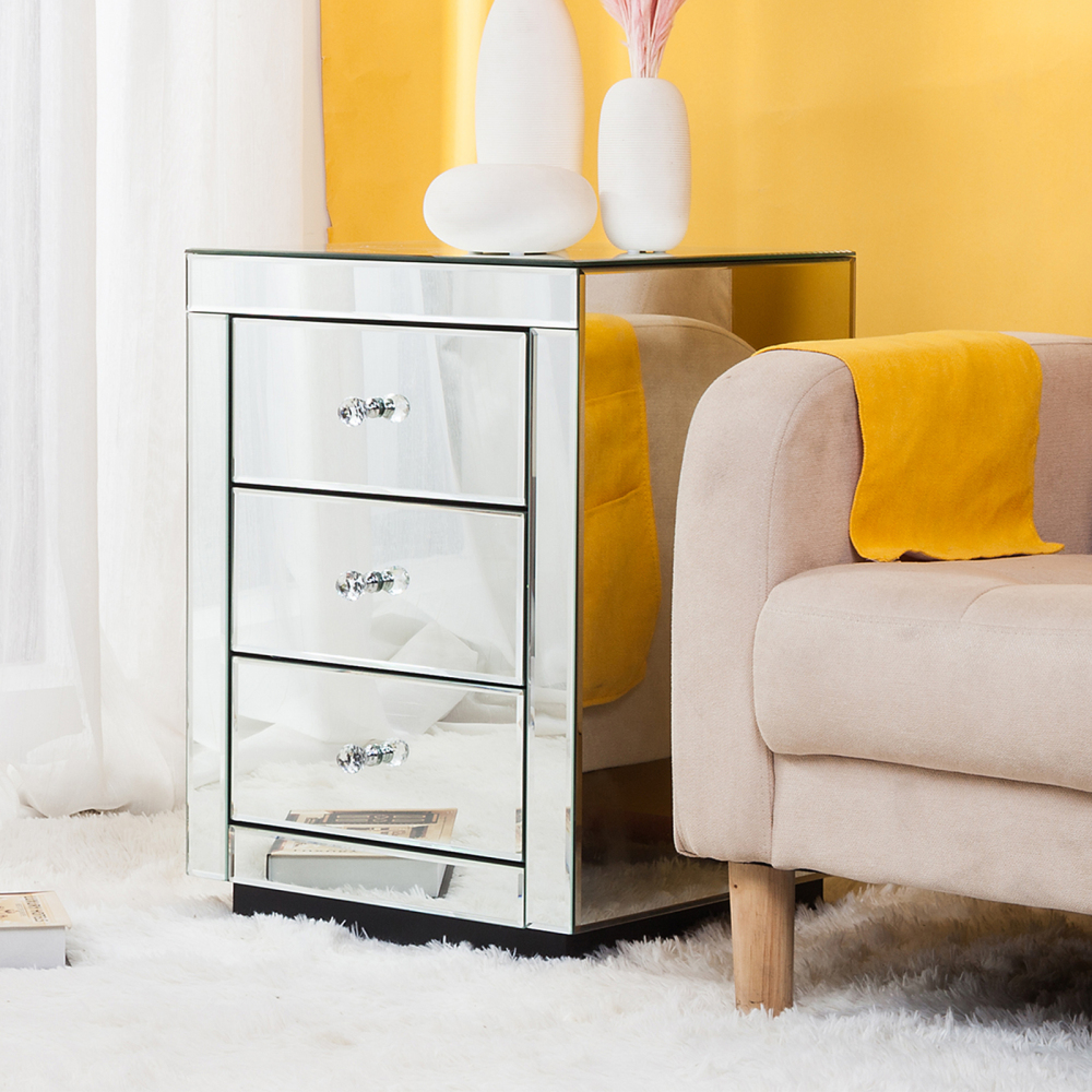 Mirrored Nightstand Modern Bedside Table with 3 Drawers Crystal Handle Glass End Table Easy to Clean