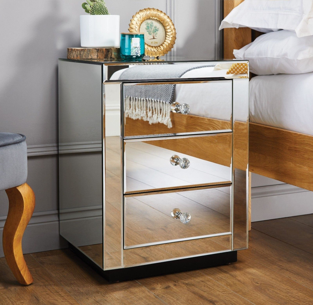 Mirrored Nightstand Modern Bedside Table with 3 Drawers Crystal Handle Glass End Table Easy to Clean