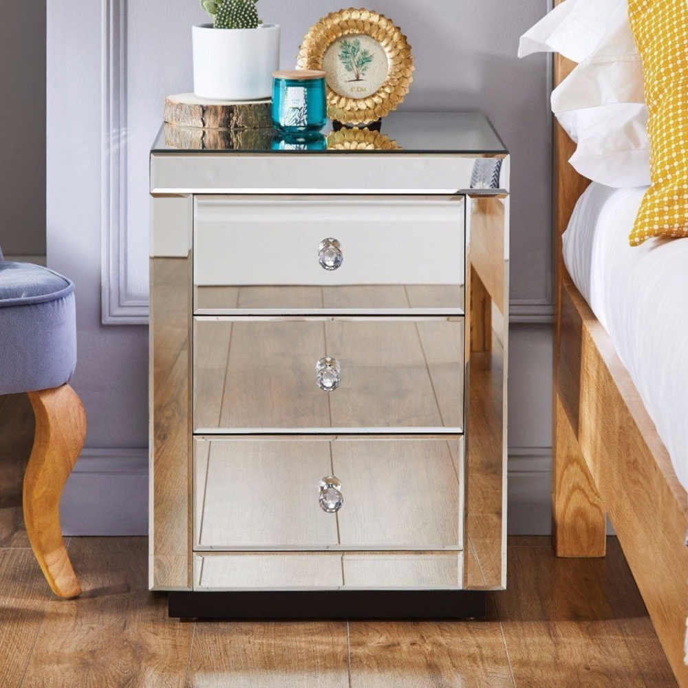 Mirrored Nightstand Modern Bedside Table with 3 Drawers Crystal Handle Glass End Table Easy to Clean