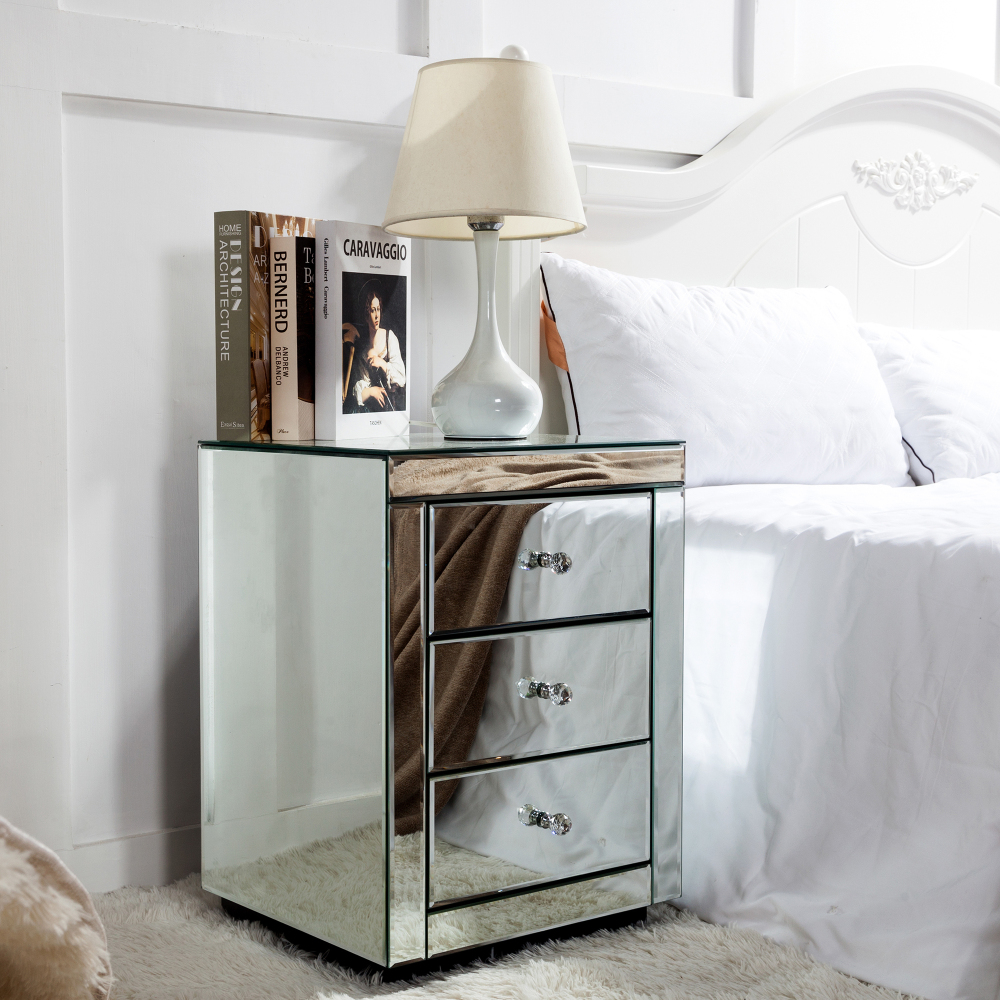 Mirrored Nightstand Modern Bedside Table with 3 Drawers Crystal Handle Glass End Table Easy to Clean