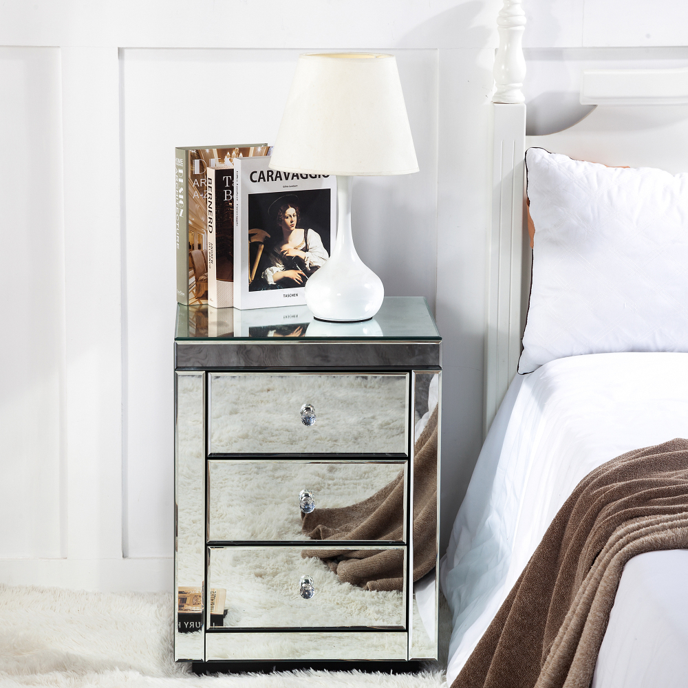Mirrored Nightstand Modern Bedside Table with 3 Drawers Crystal Handle Glass End Table Easy to Clean