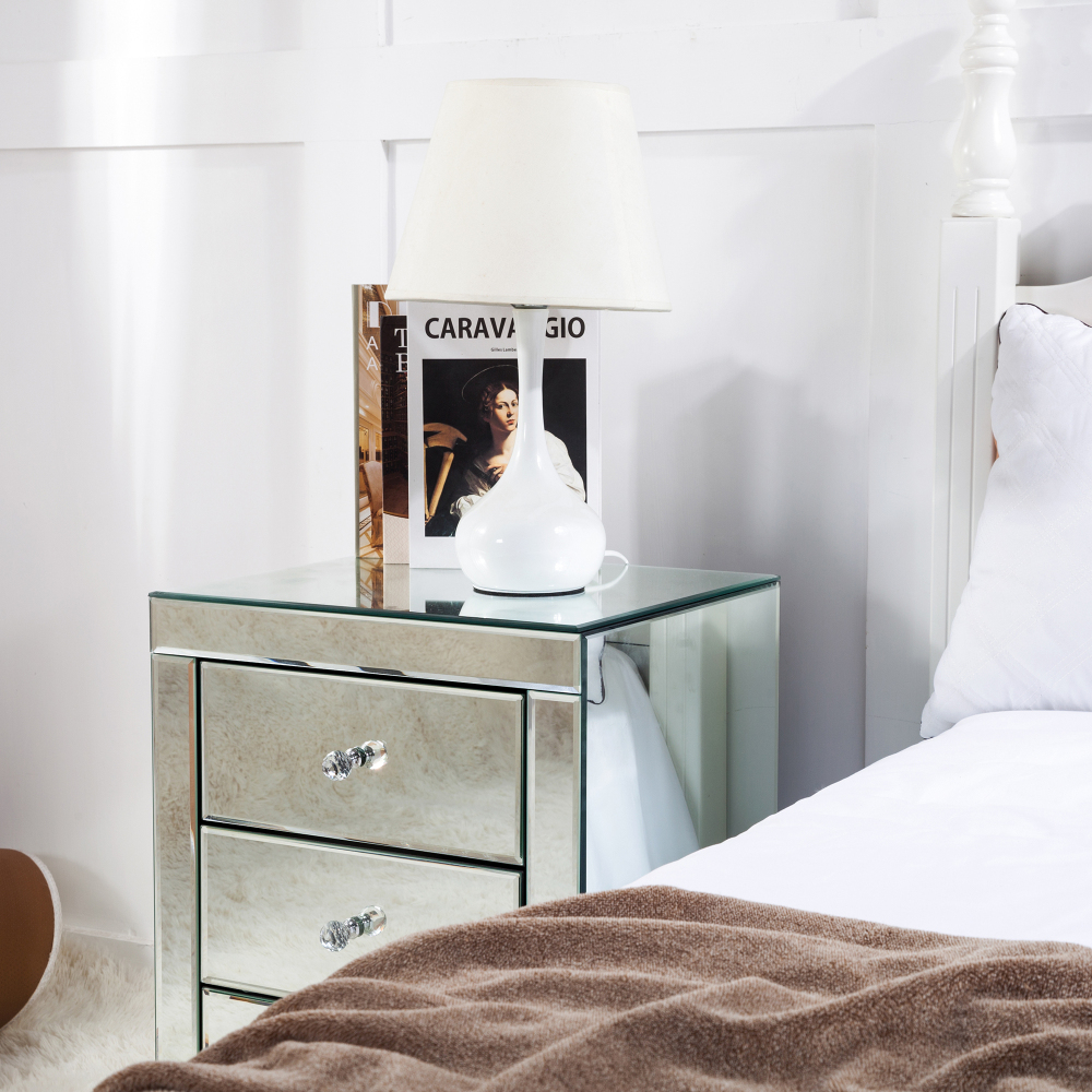 Mirrored Nightstand Modern Bedside Table with 3 Drawers Crystal Handle Glass End Table Easy to Clean