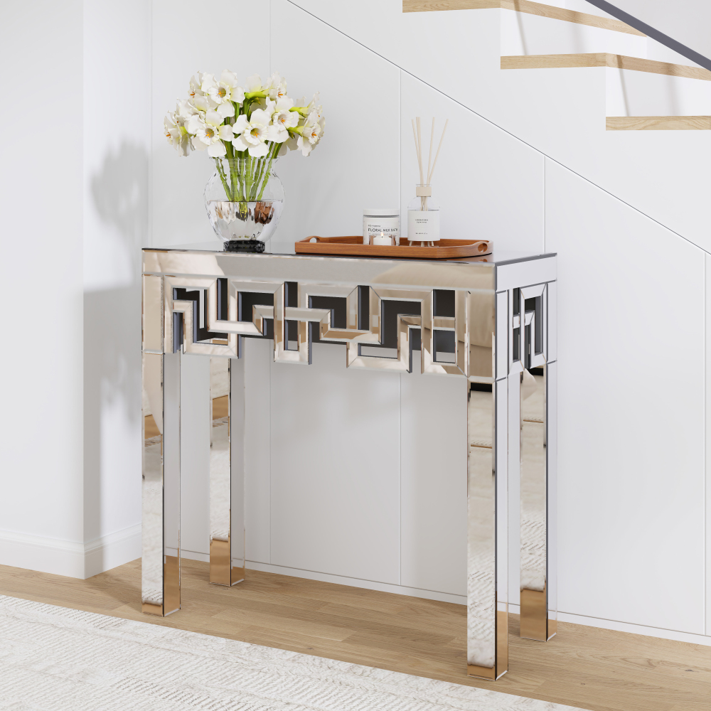 Silver Console Table with Mirrored Finished, Modern Glass Entryway Table Geometric Design