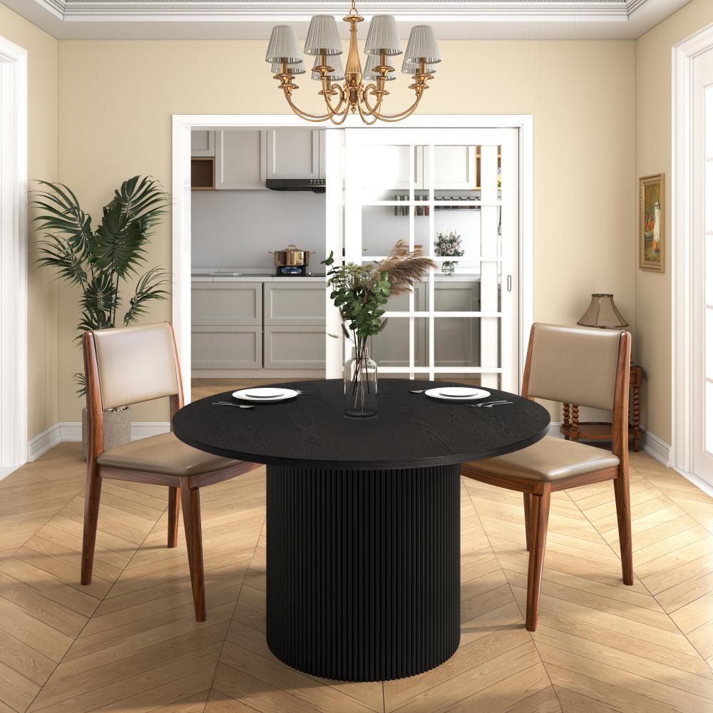 Modern Round Fluted Pedestal Black Dining Table