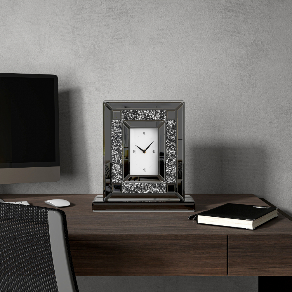 Luxury Crystal-Embedded Mirrored Table Clock, Elegant Decorative Clock with Roman Numerals for Home & Office