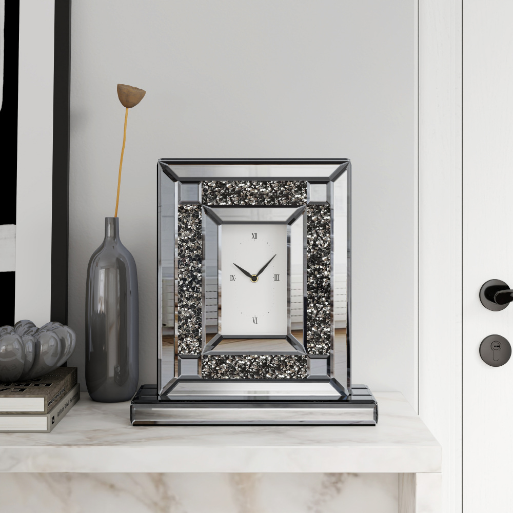 Luxury Crystal-Embedded Mirrored Table Clock, Elegant Decorative Clock with Roman Numerals for Home & Office