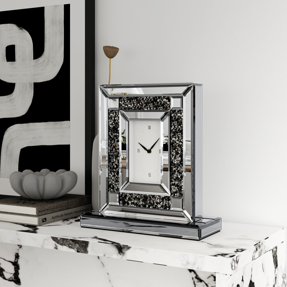 Luxury Crystal-Embedded Mirrored Table Clock, Elegant Decorative Clock with Roman Numerals for Home & Office