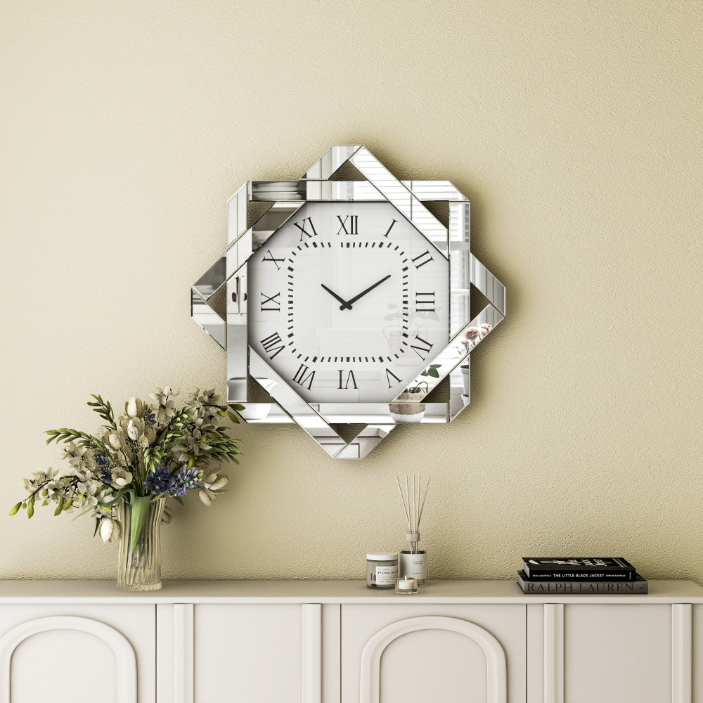 Large Mirror Wall Clock – 23.62” Silver Clock with Roman Numerals, Elegant Beveled Glass Frame Art Deco for Living Room