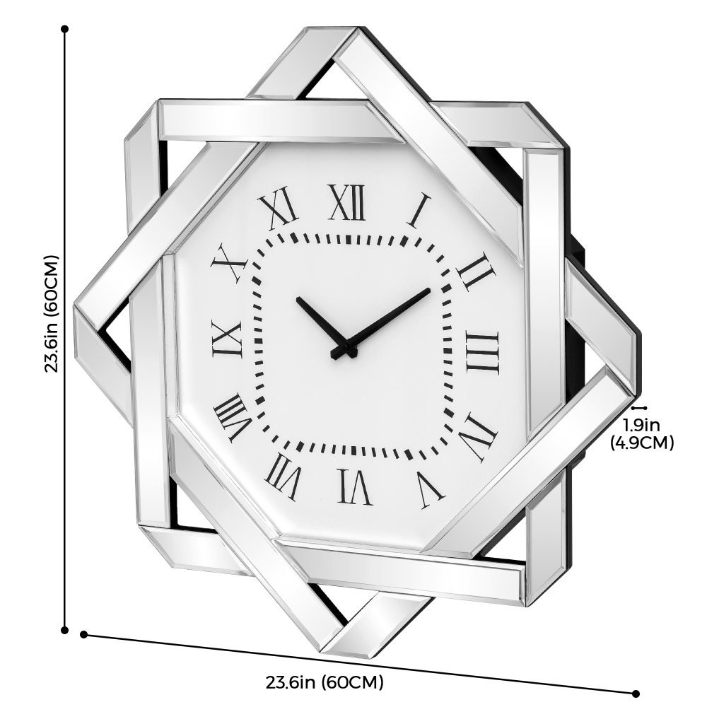 Large Mirror Wall Clock – 23.62” Silver Clock with Roman Numerals, Elegant Beveled Glass Frame Art Deco for Living Room