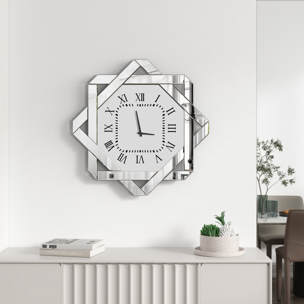 Large Mirror Wall Clock – 23.62” Silver Clock with Roman Numerals, Elegant Beveled Glass Frame Art Deco for Living Room