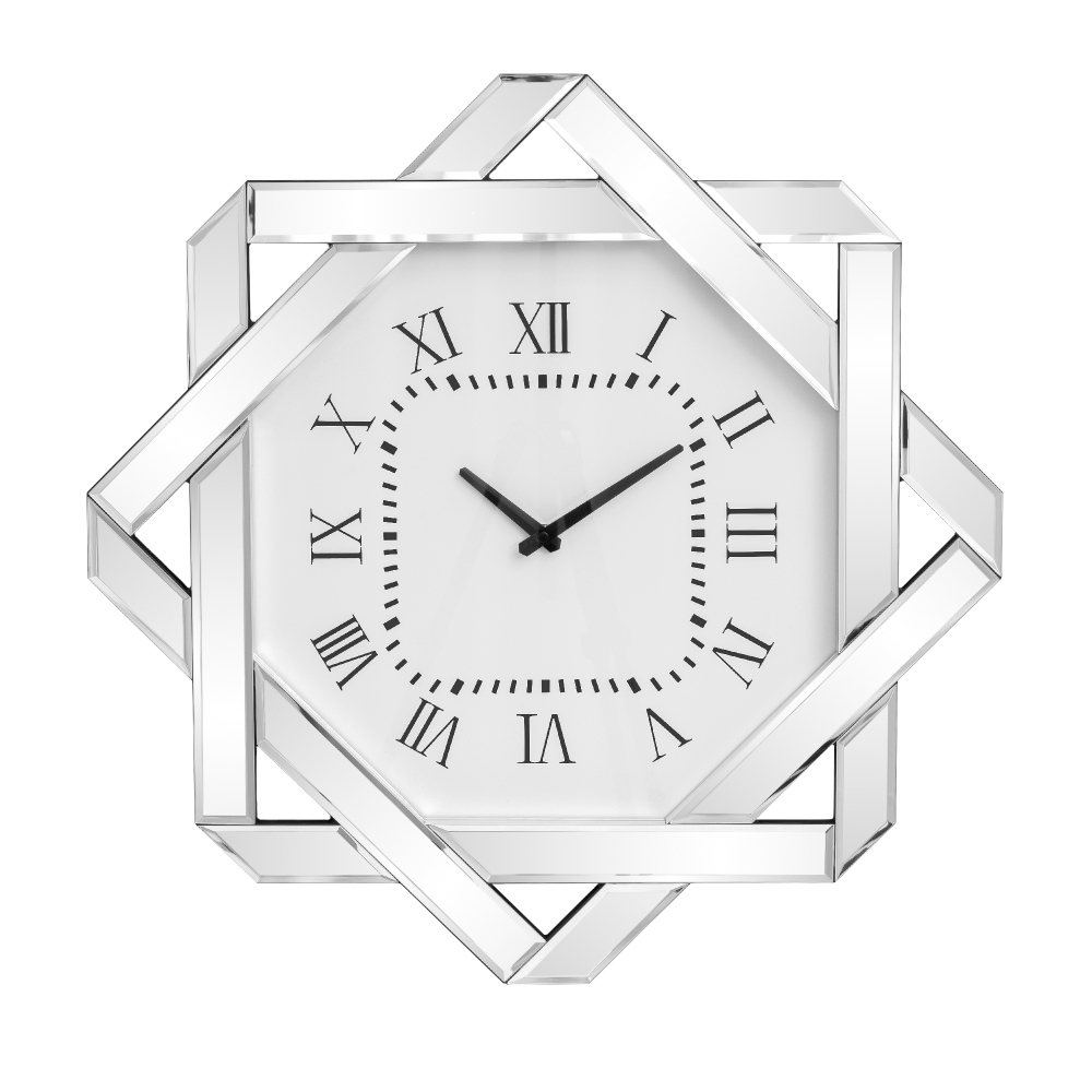 Large Mirror Wall Clock – 23.62” Silver Clock with Roman Numerals, Elegant Beveled Glass Frame Art Deco for Living Room