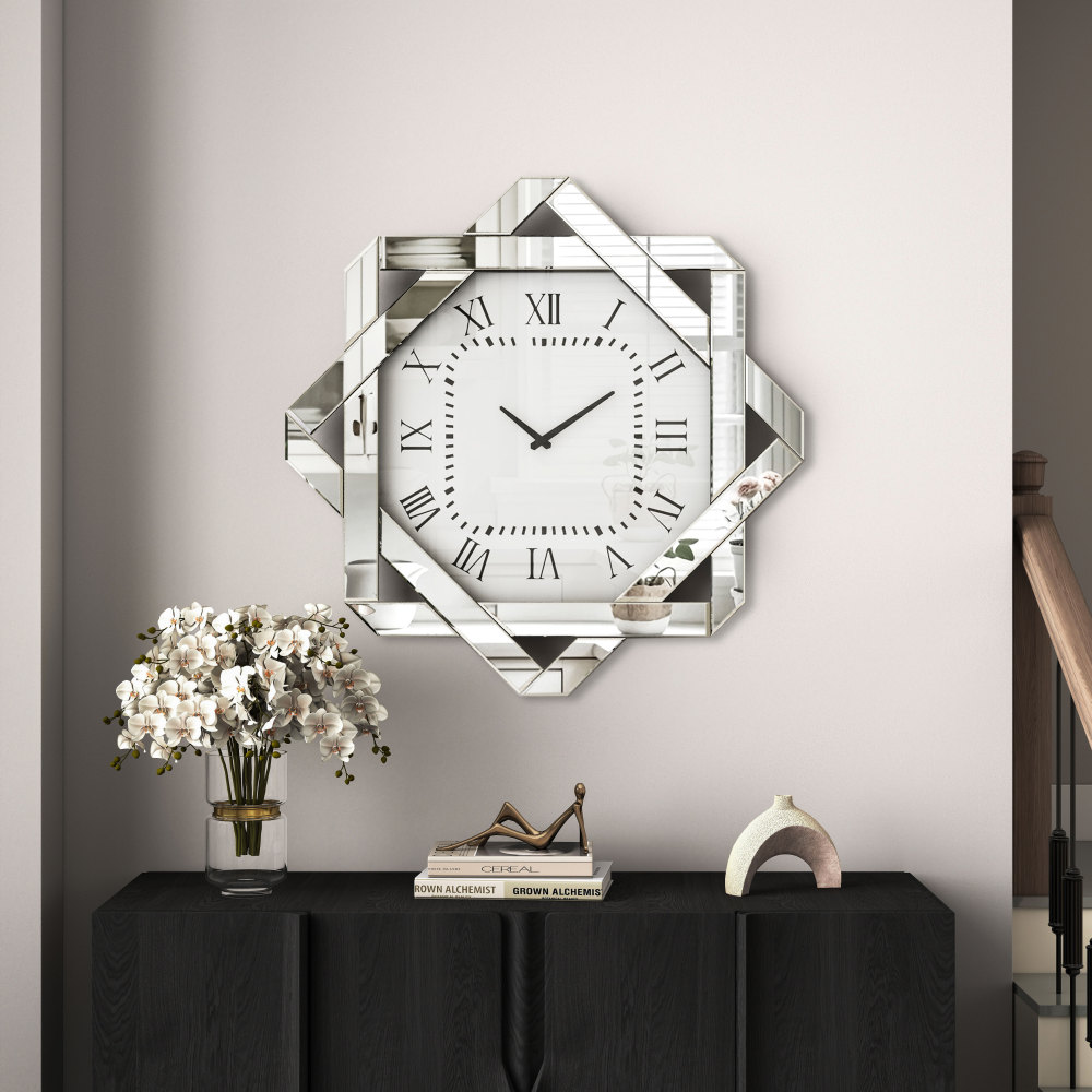 Large Mirror Wall Clock – 23.62” Silver Clock with Roman Numerals, Elegant Beveled Glass Frame Art Deco for Living Room