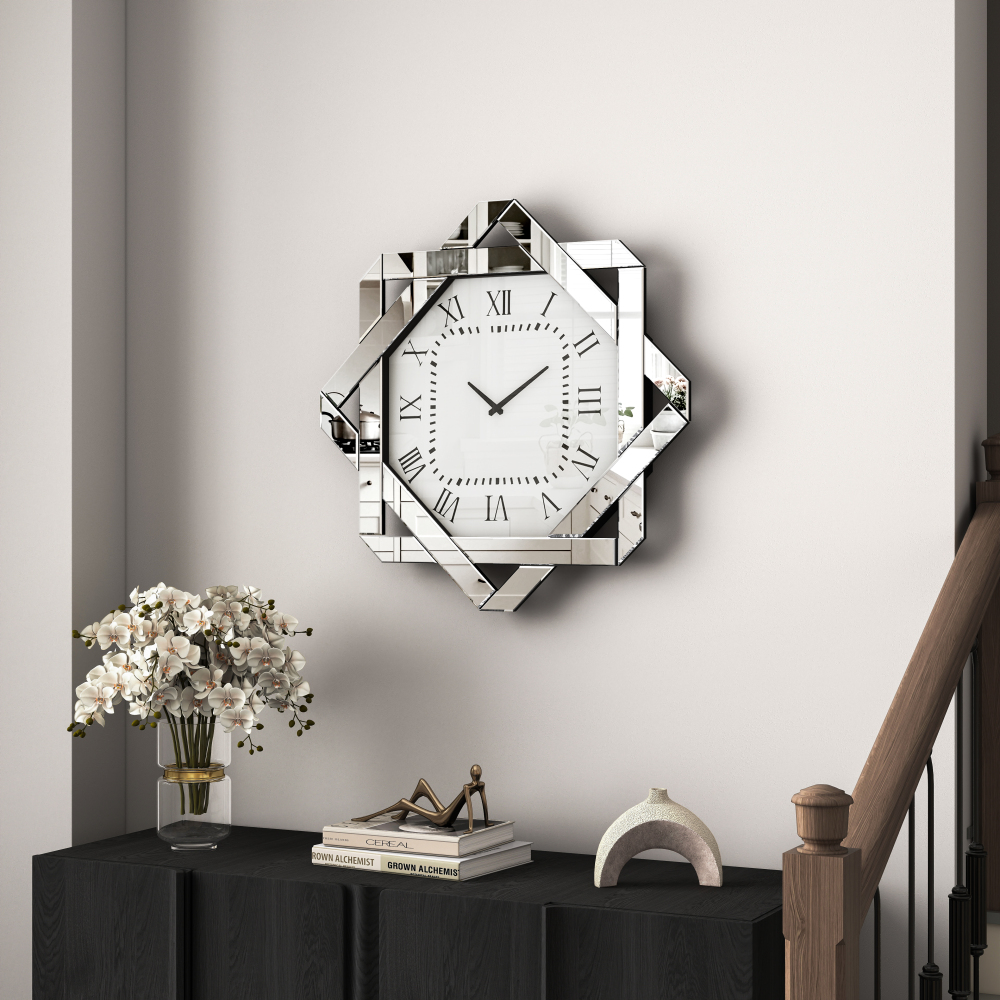 Large Mirror Wall Clock – 23.62” Silver Clock with Roman Numerals, Elegant Beveled Glass Frame Art Deco for Living Room