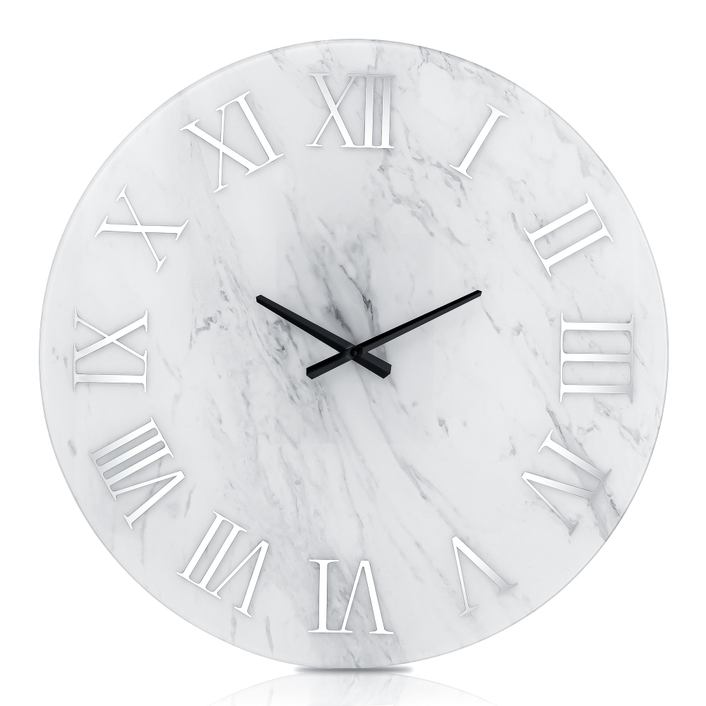 Modern Wall Clock - 23.62 Inch Frameless Marble Glass Wall Clock with Roman Numerals, Non-Ticking Large White Decorative Clock