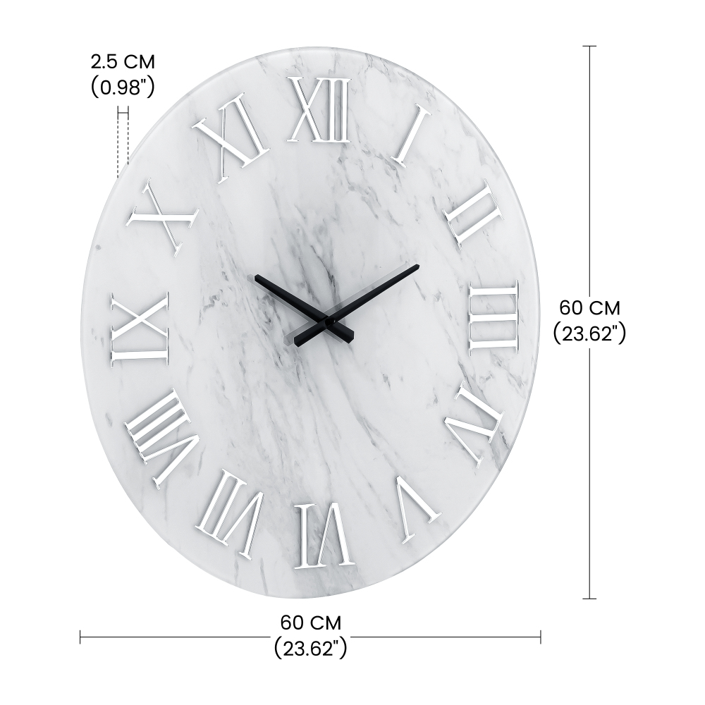 Modern Wall Clock - 23.62 Inch Frameless Marble Glass Wall Clock with Roman Numerals, Non-Ticking Large White Decorative Clock