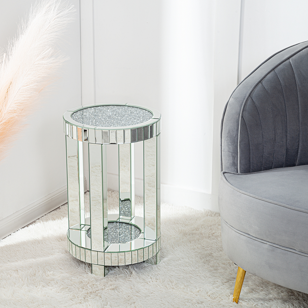 Mirrored End Table Round with Crystals Inlay, 2-Tier Modern Small Sofa Table with Storage
