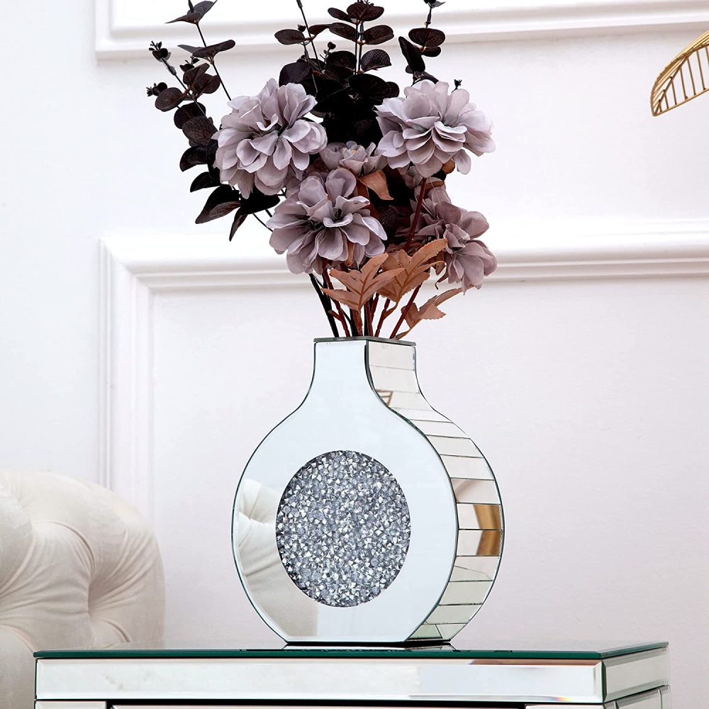 Flower Vase Mirror Finish Vases for Decor, Crystal Decorative Vase for Flower Circle Donut Crushed Diamond Home Decoration Tabletop