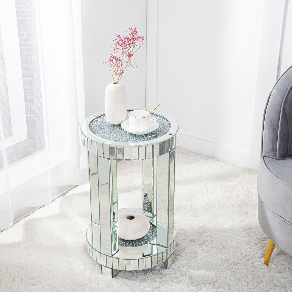 Mirrored End Table Round with Crystals Inlay, 2-Tier Modern Small Sofa Table with Storage