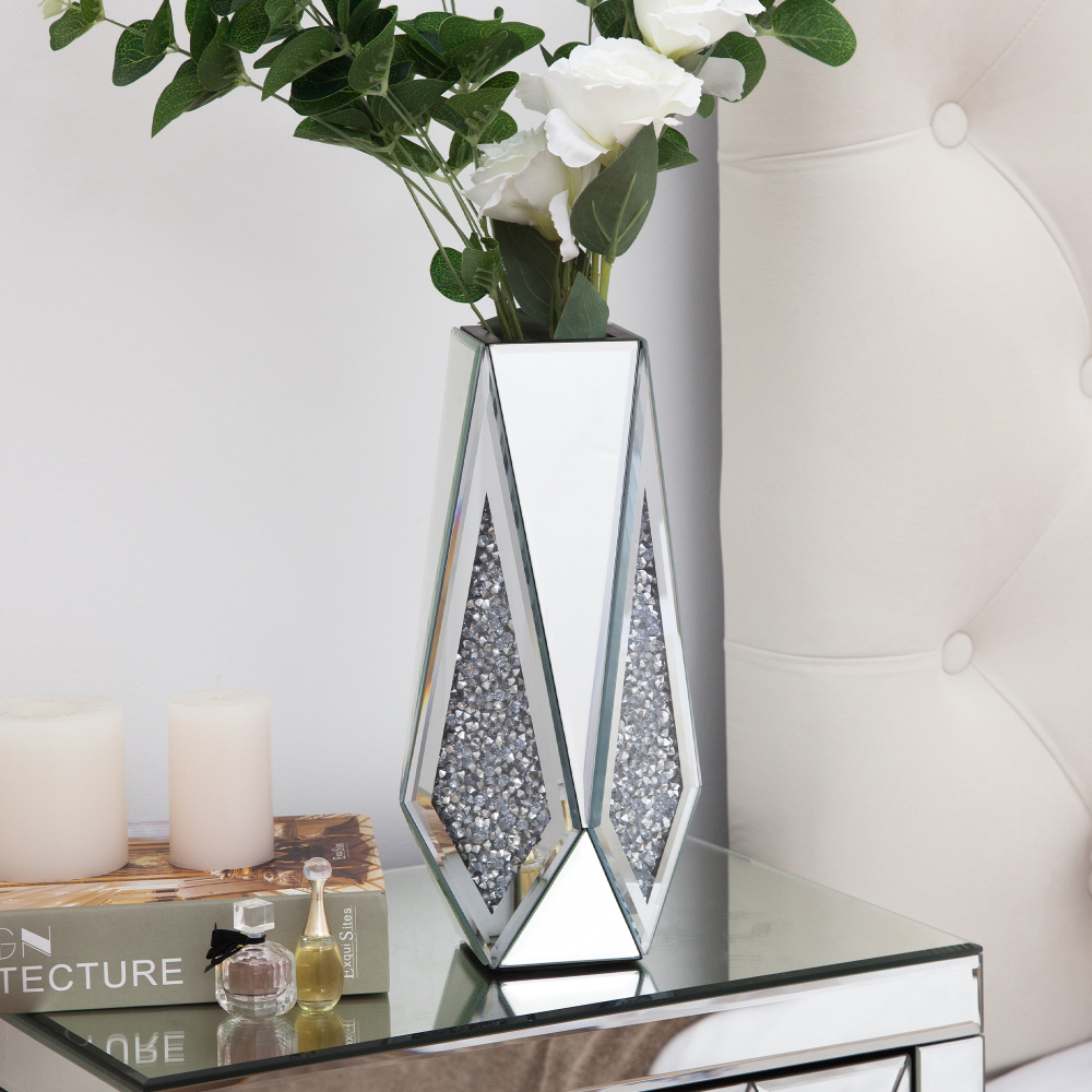 SHYFOY Crushed Diamond Mirror Vase Flower Vase, Silver Crystal Decorative Vase Glass Stunning Mirrored Vase Flower Luxury for Home Decor