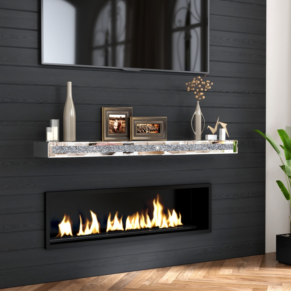 Fireplace Mantel, 48 Inch Mirrored Floating Shelf with Crystal Crushed Diamond Inlay / SF-TS132