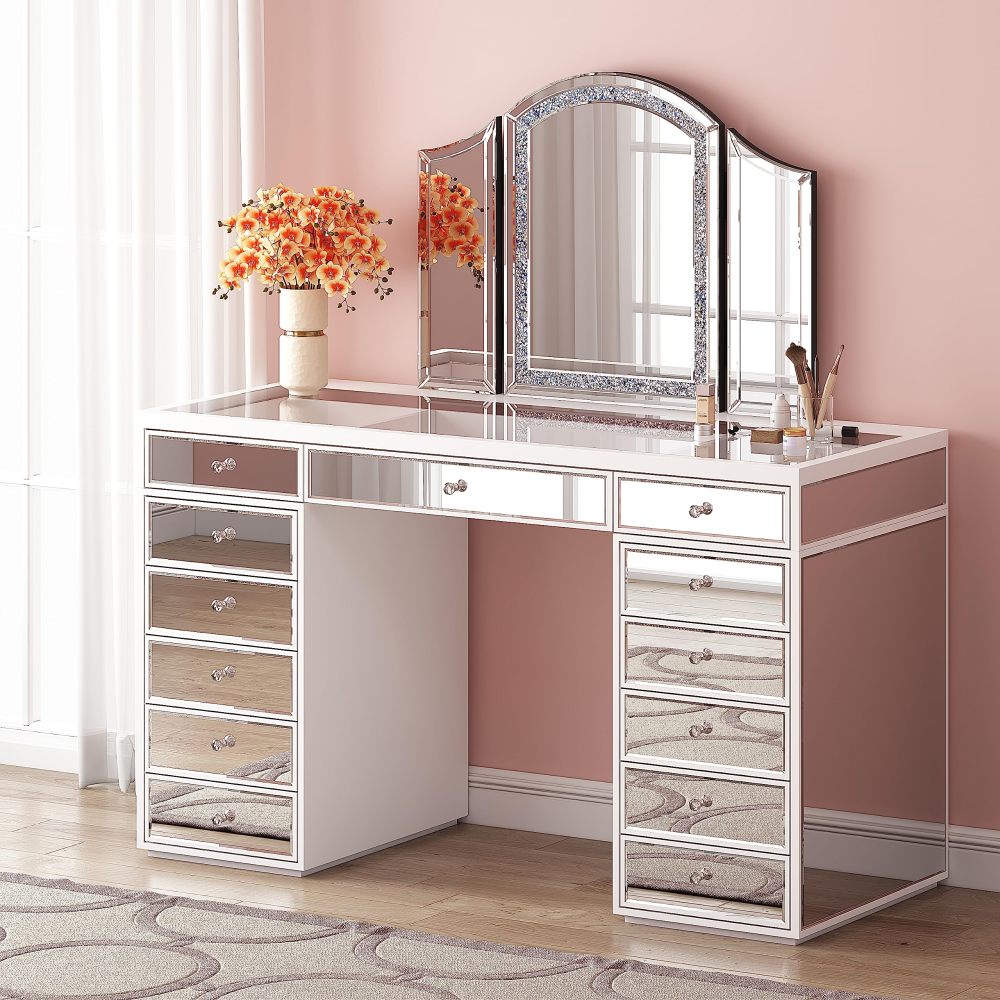 SHYFOY Trifold Mirror Vanity-Crushed Diamond 3 Way Mirror Bedrooms, Bathroom, Table top Mirror /SF-WM175