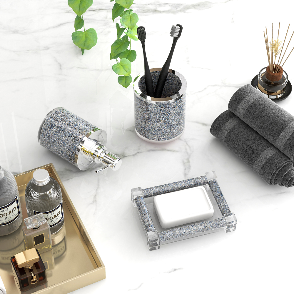 SHYFOY Silver Bathroom Set Accessory with Crushed Diamond, Modern Glass Bath Hardware Kit Sets, Sparkling Home Decoration / SF-MP024