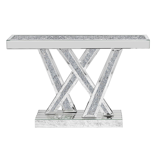 Modern Console Table Mirrored Finished, Glam Style W Silver Entryway Table Inlay with Sparkly Crushed Crystals, 35 inches Contemporary Accent Table