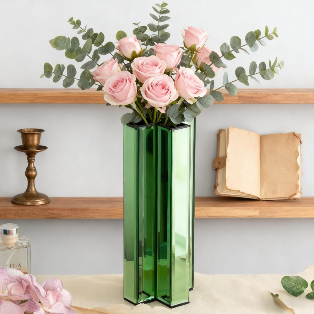 Green Glass Flower Vases for Home Decor, Living Room Table Kitchen Fireplace Decor