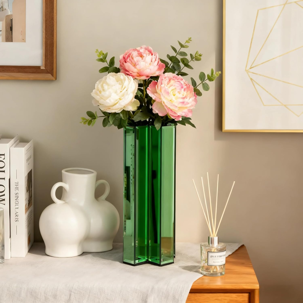 Green Glass Flower Vases for Home Decor, Living Room Table Kitchen Fireplace Decor