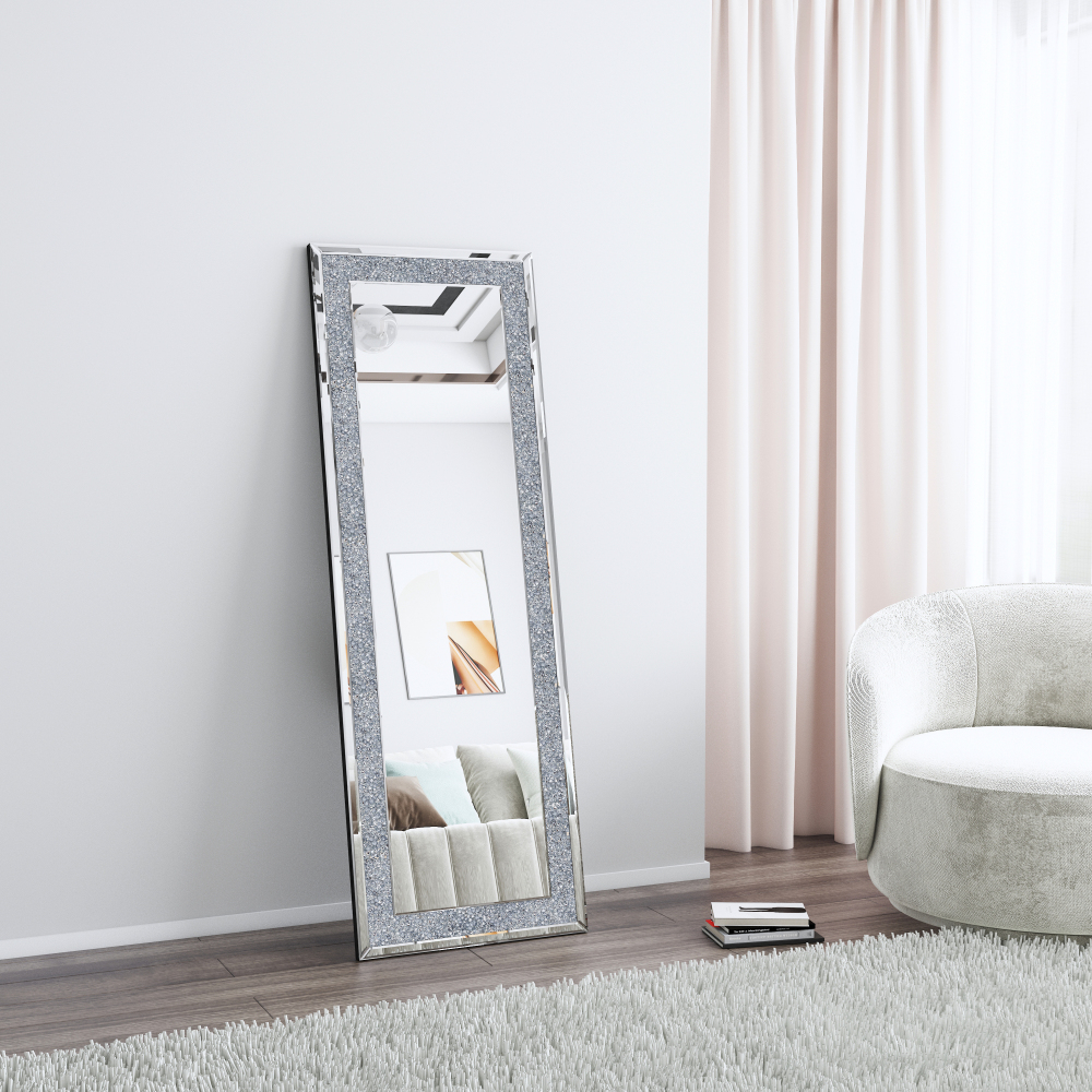 SHYFOY Sparkly Freestanding Long Mirror with Crushed Diamond, Rectangle Full Length Floor Mirror