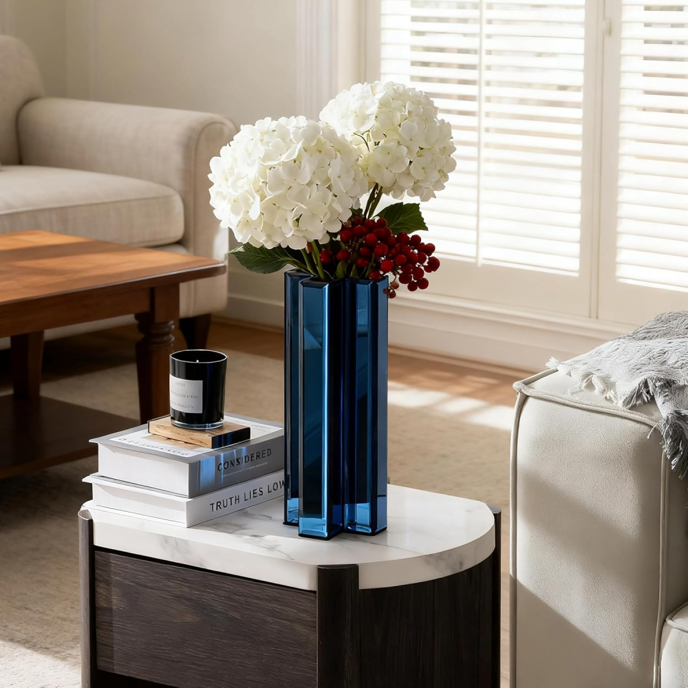 Blue 12 Inch Tall Cross-Shaped Decorative Glass Flower Vases for Home Decor