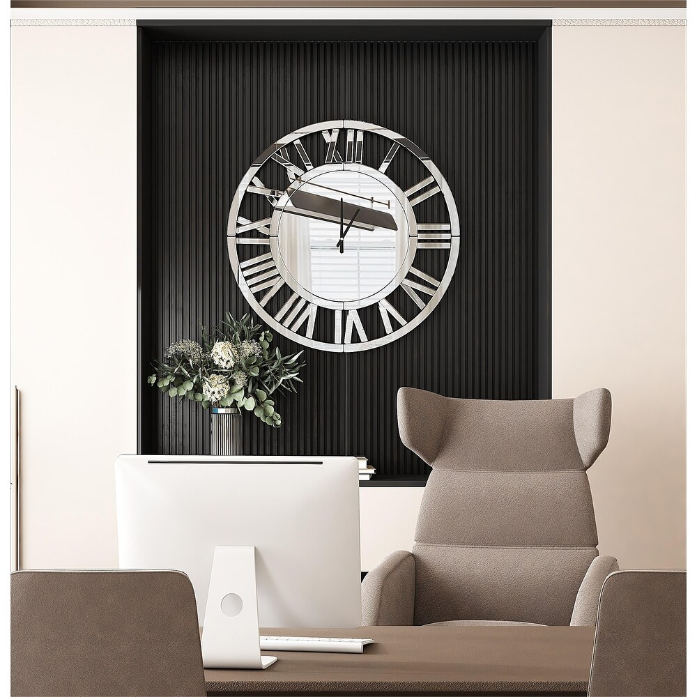 SHYFOY Large Silver Mirrored Wall Clock, Glass Surface Round Roman Numerals Clocks, Mirror Wall Art for Home Decorative 80cm